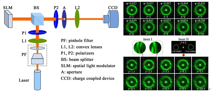 附图:论文中实验原理光路图(左图)及部分实验结果图(右图)。